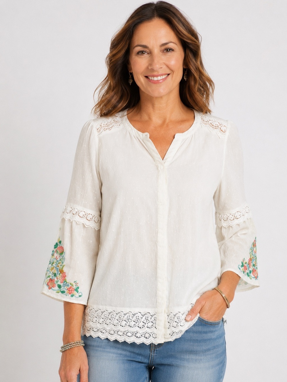 Chico’s Lace Swiss-Dot Floral Embroidered Top Size 1 NWOT